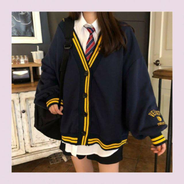 [HCM]Áo Khoác Cardigan Chữ Tay Phối Viền Vàng