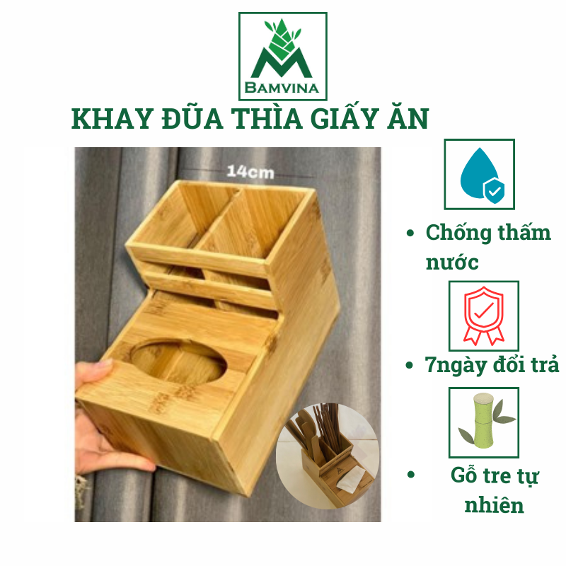 Khay đa năng đựng đũa, thìa, giấy ăn bằng tre Bamvina 21x14.5x14 cm