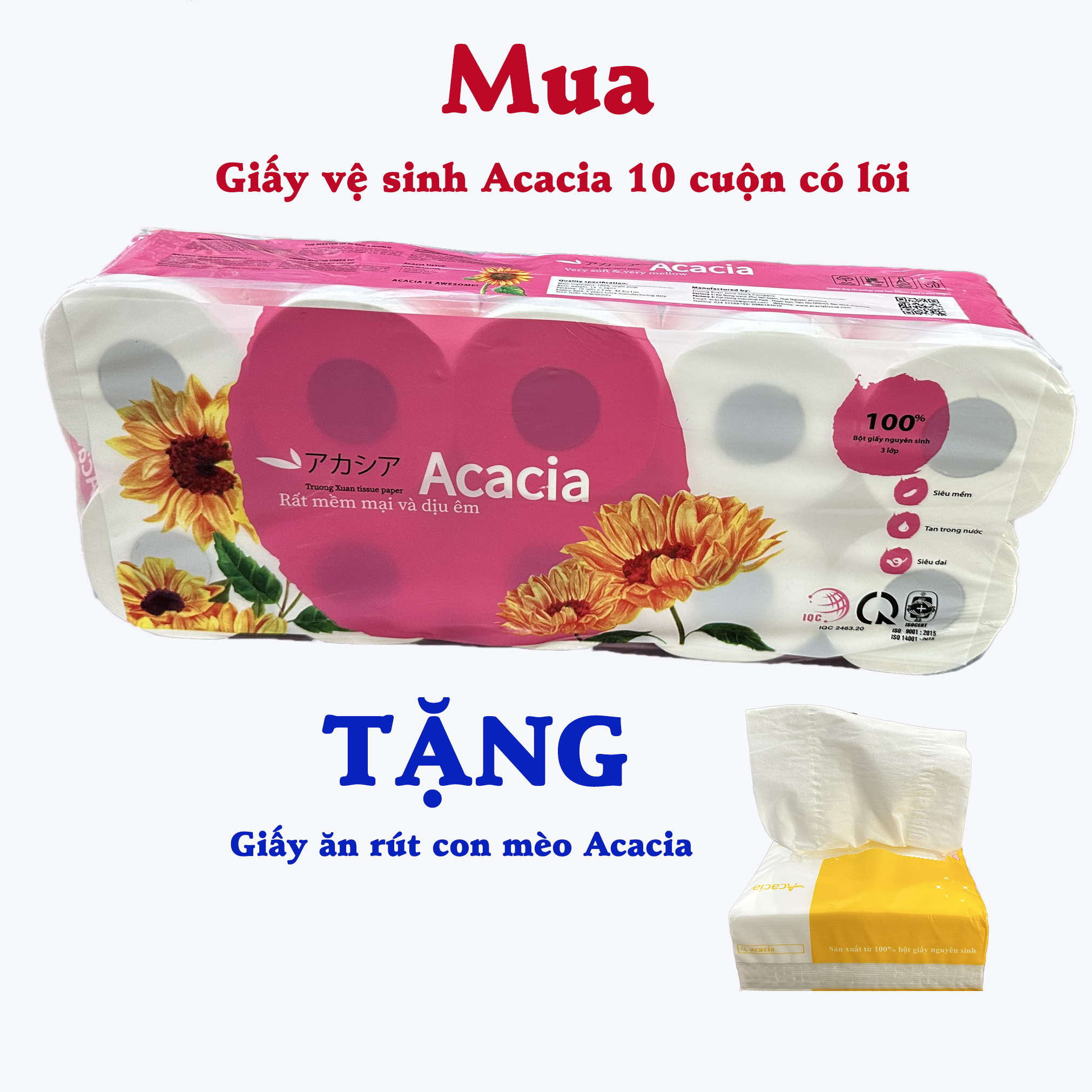Giấy vệ sinh có lõi 3 lớp acacia , 1 bịch 10 cuộn