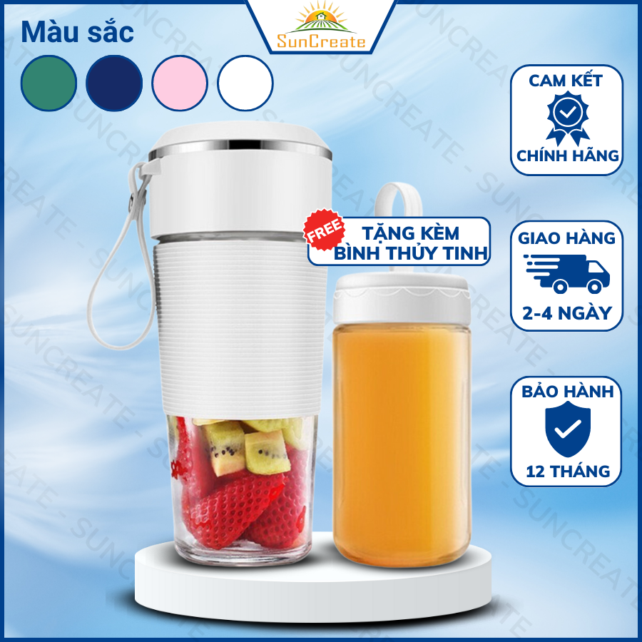 Máy xay sinh tố mini cầm tay cao cấp JUICER TẶNG CỐC UỐNG CÓ NẮP [LOẠI 1] có 6 lưỡi dao công suất 150W, cốc thủy tinh, Bảo Hành 12 Tháng