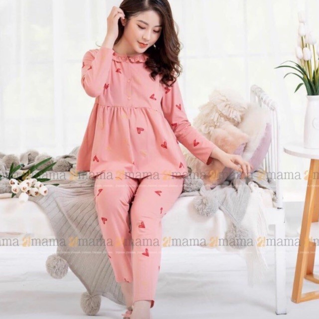 Bộ bầu và bộ mặc sau sinh 2mama cổ bèo có khóa cho con bú, đồ bầu mặc nhà cotton A003