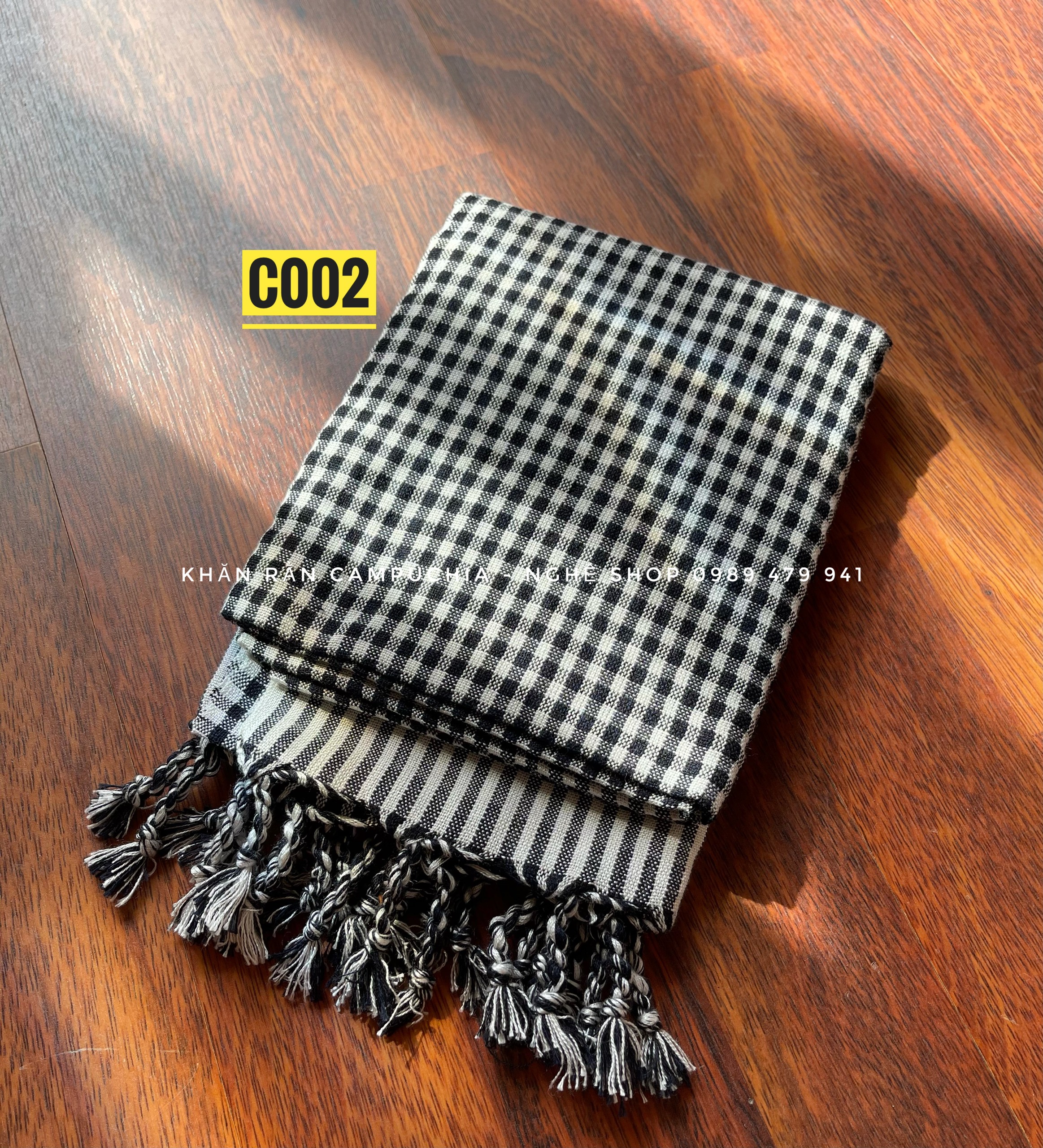 Khăn rằn Campuchia 1m7 x 0.6m, màu đen trắng truyền thống, kẻ nhỏ (caro nhỏ), vải cotton