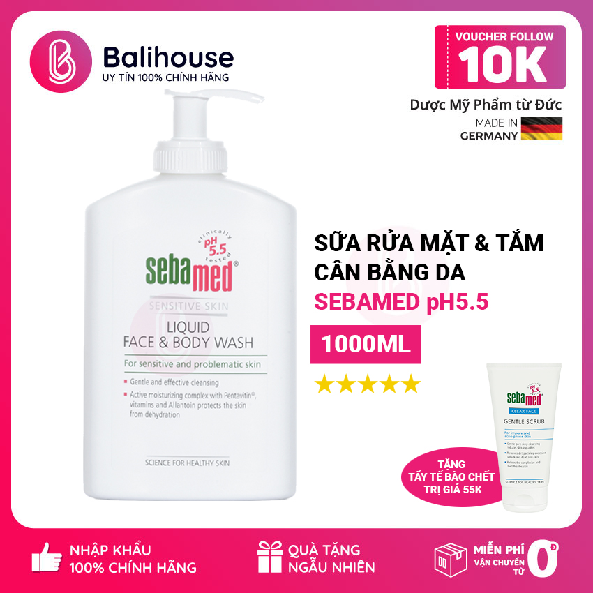 Sữa rửa mặt và tắm toàn thân da nhạy cảm sebamed cân bằng pH5.5 DMP Balihouse