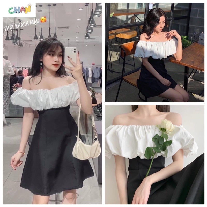Váy trễ vai màu đen bèo vai trắng khoá sườn cực xinh tôn dáng