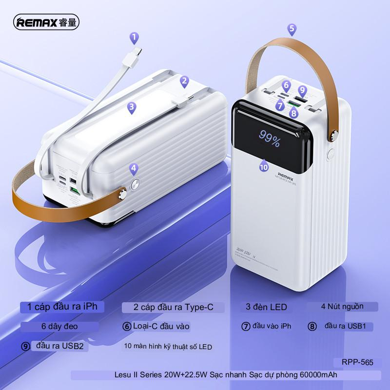 Pin dự phòng Remax RPP 565 60000mAh QC 22.5W và PD 20W, kèm sẵn 2 cáp sạc type C + LN , đèn chiếu siêu sáng bh 2 năm
