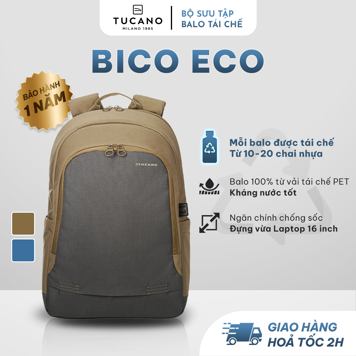 Balo laptop tái chế tucano bico eco 16 inch - chất liệu vải bền đẹp, chống sốc, chống thấm nước tốt