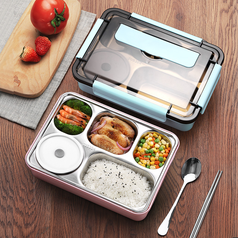 Khay cơm 5 ngăn inox 304 hộp cơm văn phòng khay inox 5 ngăn có bát để canh bọc nhựa bên ngoài