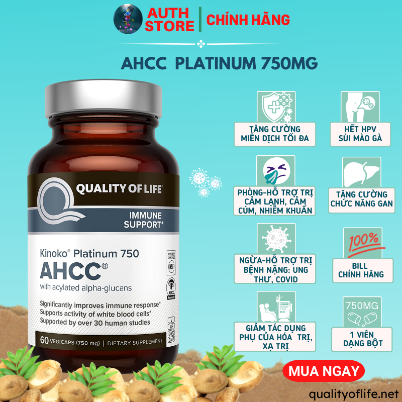 Ahcc kinoko platinum 750mg 60 viên tăng cường miễn dịch, đào thải hpv, sùi