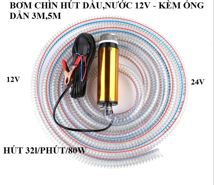Máy bơm chìm mini hút dầu,nước 12v, 24v kèm ống hút 3m,5m