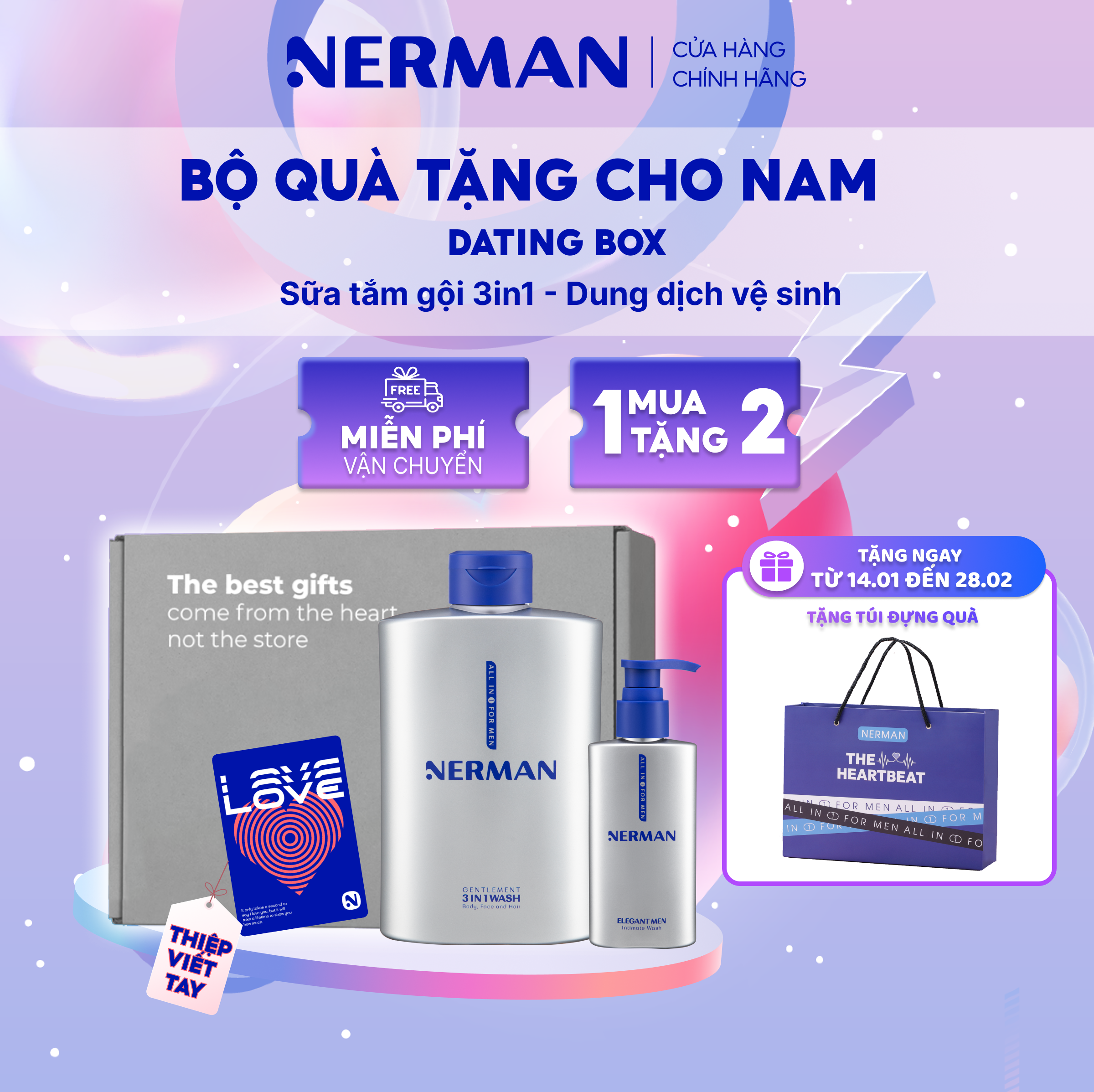 [MUA 1 TẶNG 2] Bộ quà tặng cho nam DATING BOX Nerman - Sữa tắm gội hương nước hoa cao cấp 350ml & DD