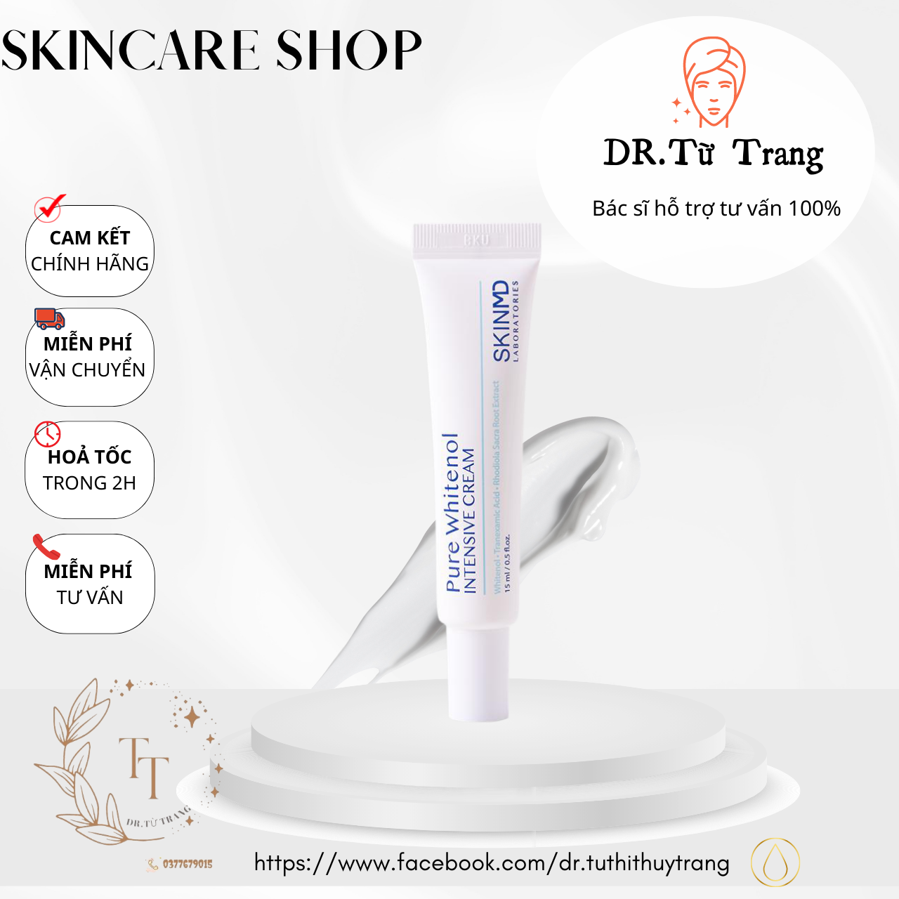 SkinMD Pure Whitenol Intensive Cream 15ml - Tái tạo da Nám, Trắng Sáng Da Và Chống Lão Hóa