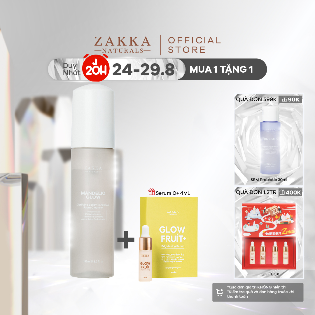 Sữa Rửa Mặt Tạo Bọt Zakka Naturals BHA, AHA Mandelic Glow Foam Cleanser 185ml