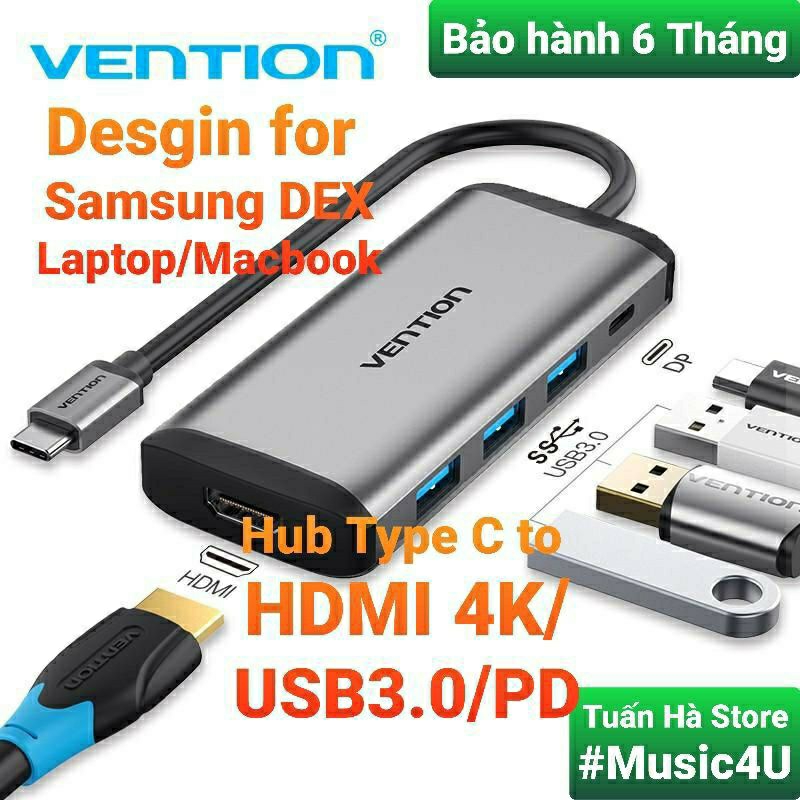 Bộ cáp chuyển đổi hub 5 in 1 usb type c to sang hdmi 4k usb3.0 pd rj45 vention ravpower aukey cho samsung dex macbook