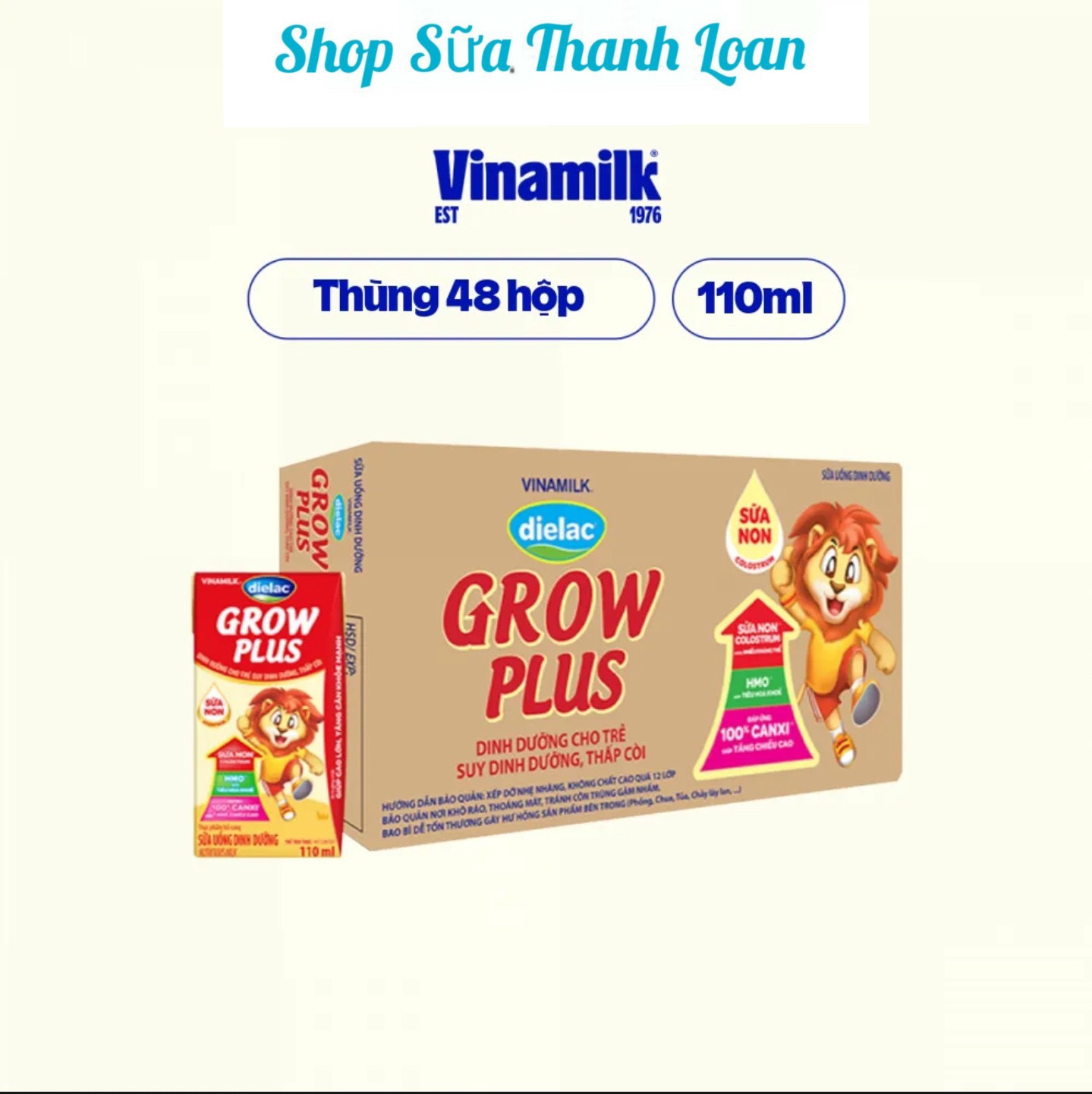 (HSD T2-2025) (Có Thẻ Tích Điểm) Thùng 48 Hộp Vinamilk Dielac Grow Plus (Sữa Non) 110ml.