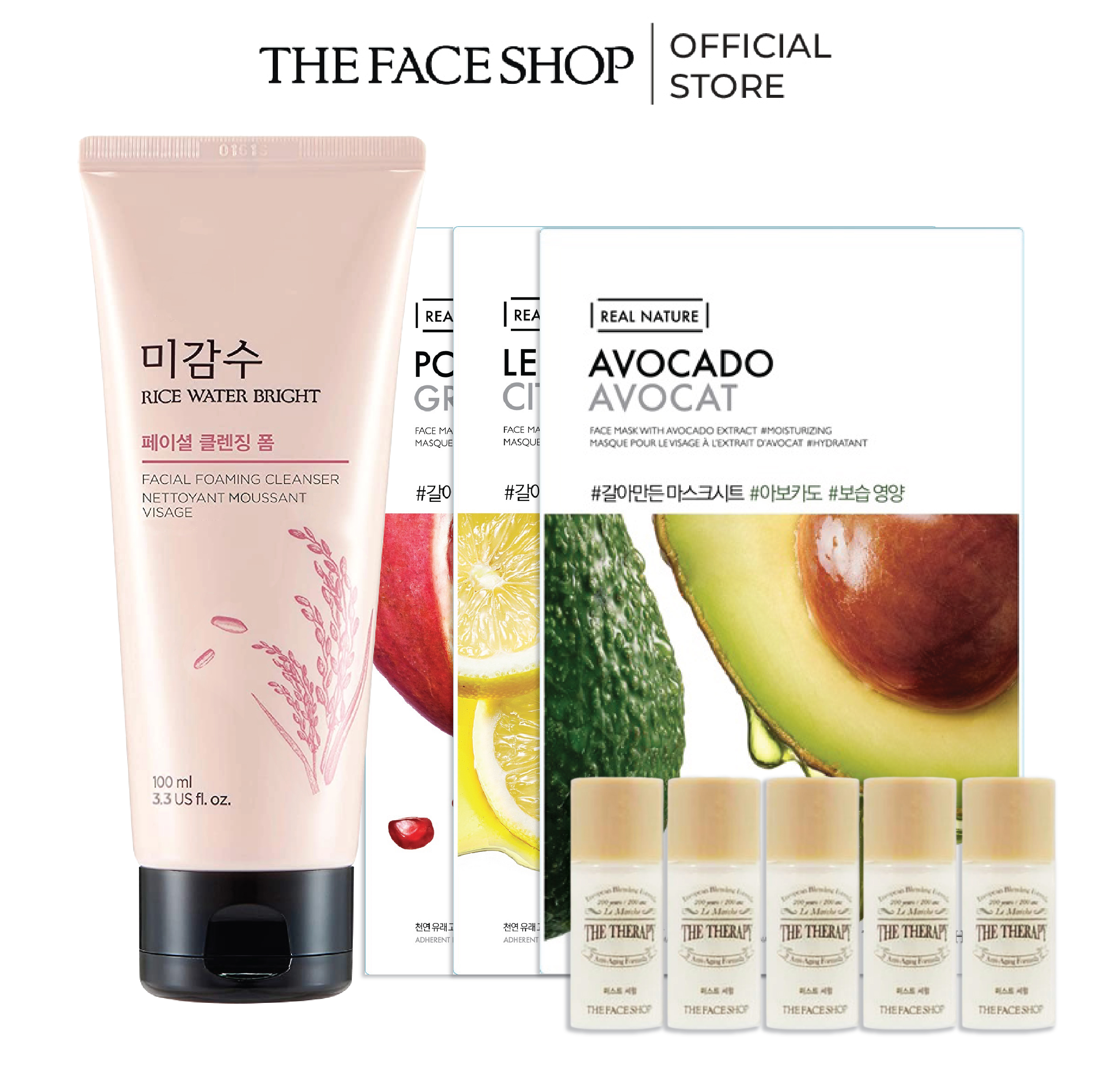 Combo sữa rửa mặt sáng da thefaceshop 150ml+3 mặt nạ real nature 20ml+ tinh chất 6ml