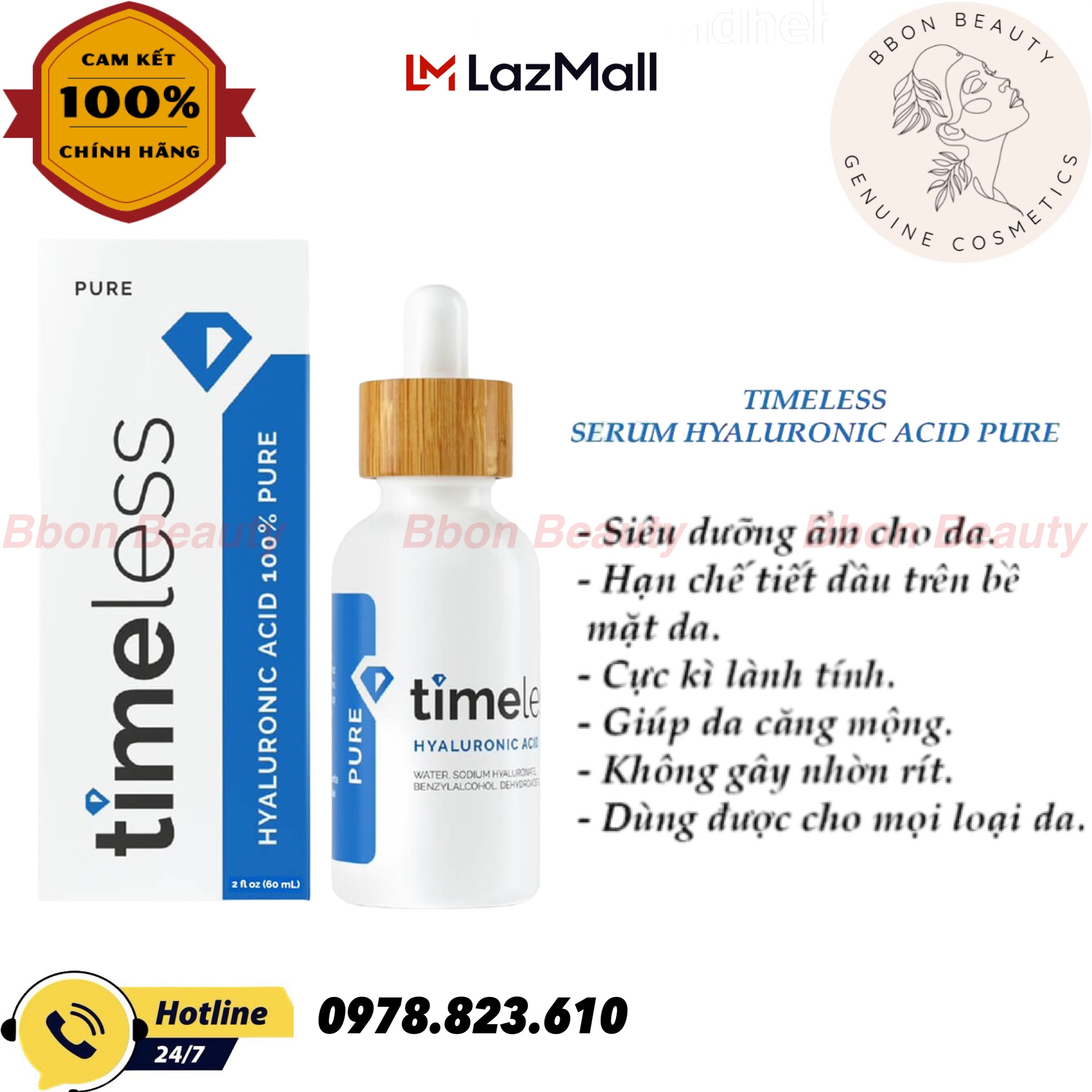 Tinh Chất Dưỡng Ẩm & Cấp Nước Timeless Hyaluronic AcidPure Serum (60ml) - BBon Beauty Chính hãng