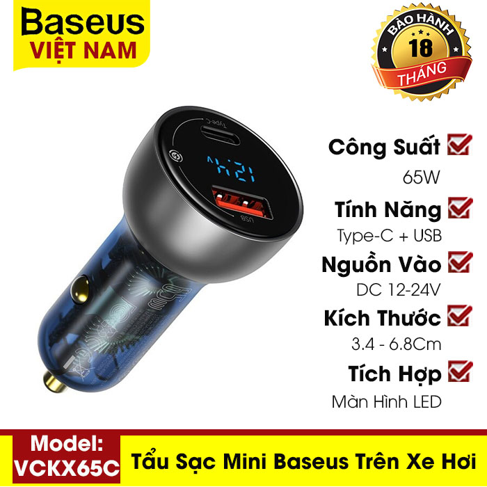 [BẢO HÀNH 18 THÁNG] Tẩu sạc mini trên xe hơi Baseus QC + PPS Dual (VCKX65C) 65W sạc được Laptop, smartphone 1 cổng USB + 1 cổng Type-C, có màn hình LED hiển thị kĩ thuật số