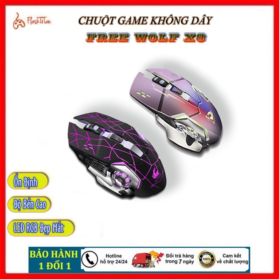 Chuột chơi game không dây gaming wolf x8 - chuột máy tính không dây có led 7 màu rgb, pin sạc dùng cực lâu