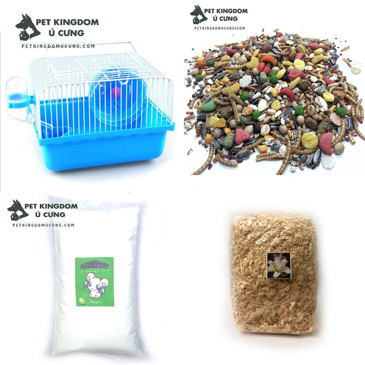 Combo lồng hamster - thức ăn - lót chuồng - cát tắm