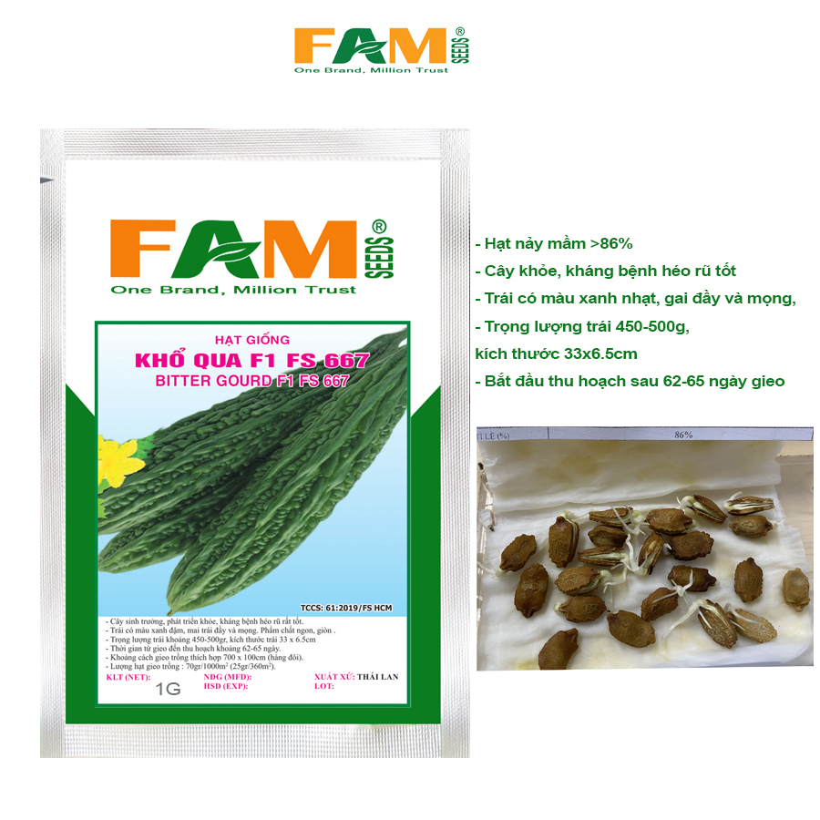Hạt Giống Khổ Qua F1 FS 667 - Gói 1gr (4-5 hạt), Nảy mầm mạnh, Kháng bệnh héo rũ tốt, Trài màu xanh đậm dài 33-35cm, nặng 450-500gr