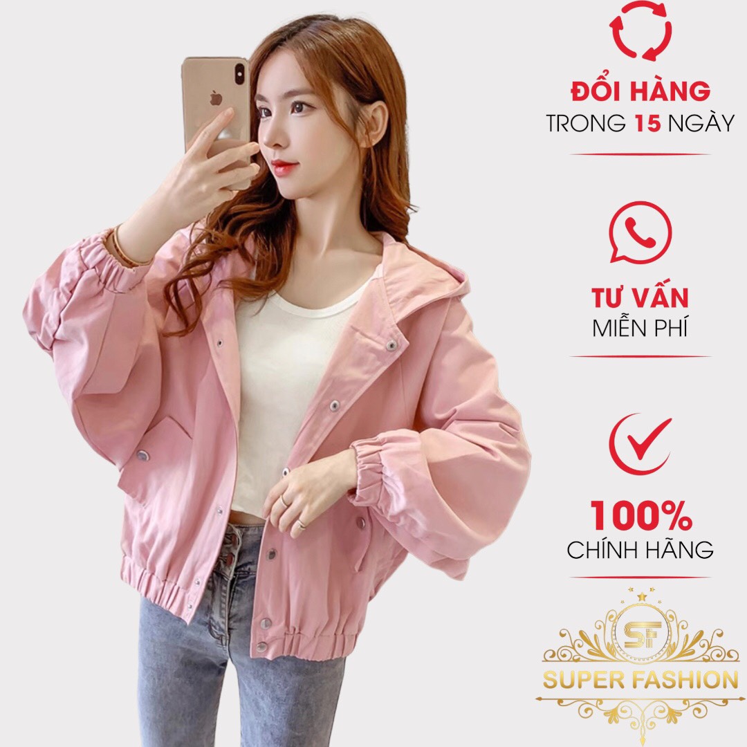 Áo khoác nhẹ nữ nút cài super fashion chất kaki 1 lớp có nón bo gấu phối lưng form rộng mặc thoải mái