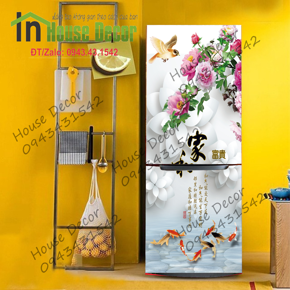 Decal trang trí tủ lạnh mẫu Hoa và Cá chất liệu cao cấp DJQ-262