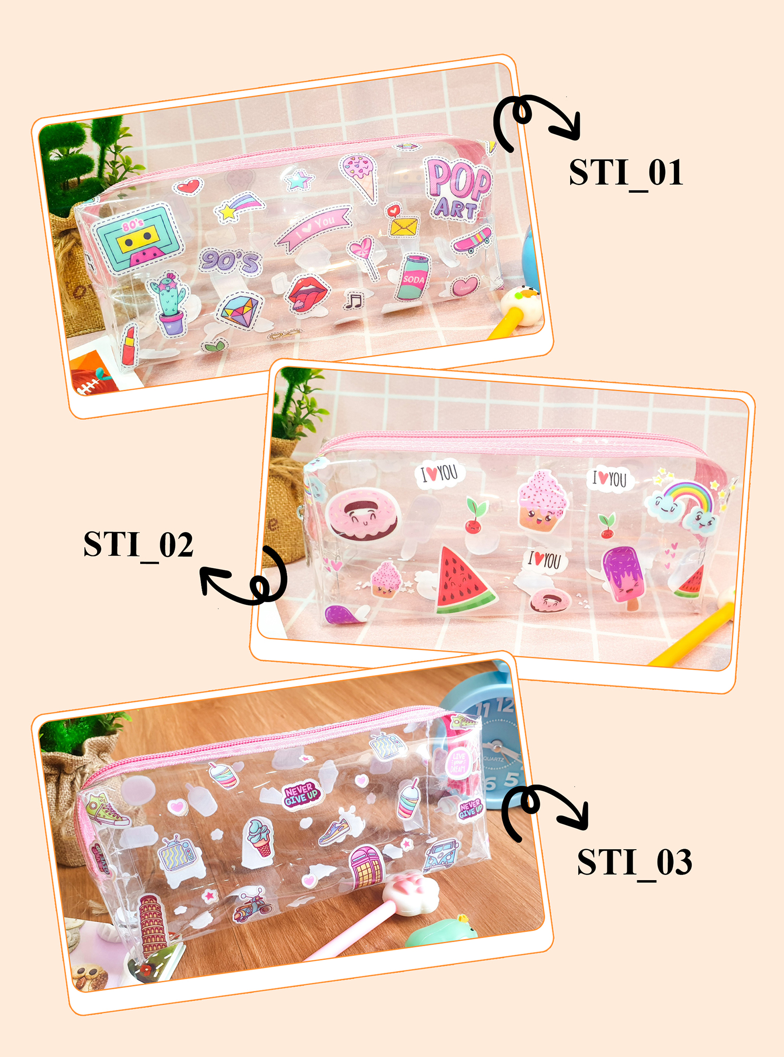 Bóp viết, hộp bút trong suốt hình STICKER CUTE