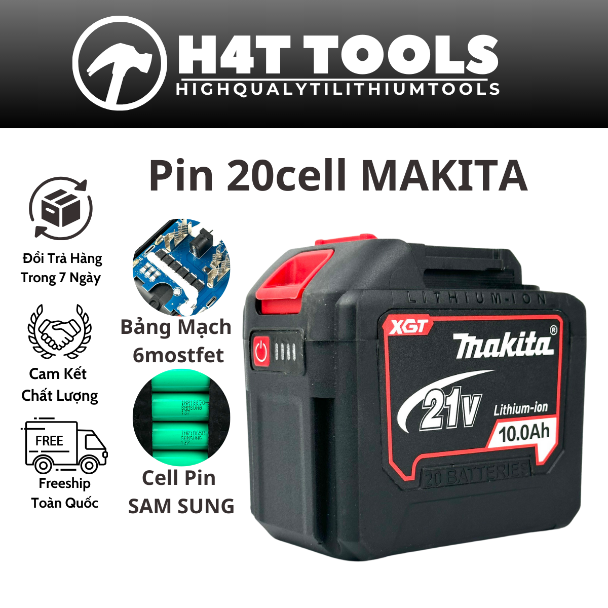 Pin 20 cell Makita 18v-21v, pin đóng 20cell Samsung Mạch 6 mosfet dòng xả cao chân pin phổ thông 4cm có đèn led báo pin