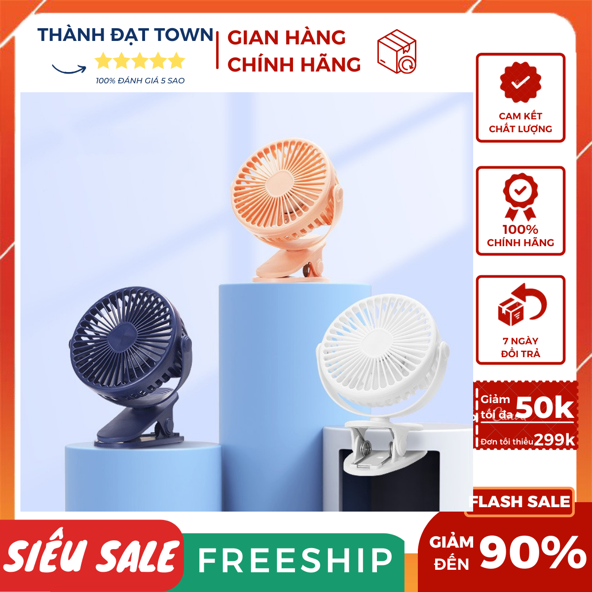 Quạt mini kẹp bàn, Quạt kẹp bàn xoay 360 độ Pin Tích Điện Chân Kẹp Bàn, Kẹp Xe Đẩy - pin sạc, 3 cấp độ