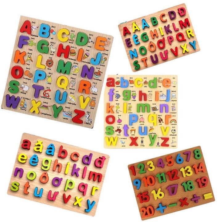 Đồ Chơi Gỗ, Đồ Chơi Giáo Dục Montessori, Đồ Chơi Bảng Chữ Cái,Bảng Số Nổi Xếp Hình Nhiều Chủ Đề Cho Bé