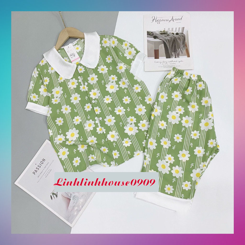 Đồ bộ mặc ở nhà Pijama lụa mango cộc lửng hoa cúc xanh