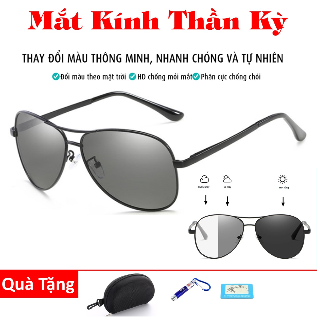 [HCM] Kính mát thần kì TPro mắt kính thông minh tự chuyển màu theo ngày đêm phong cách phi công tính năng phân cực polarized chống lóa tự sẫm màu bảo vệ khi phát hiện có tia UV gây hại. Mat kinh than ki T Pro