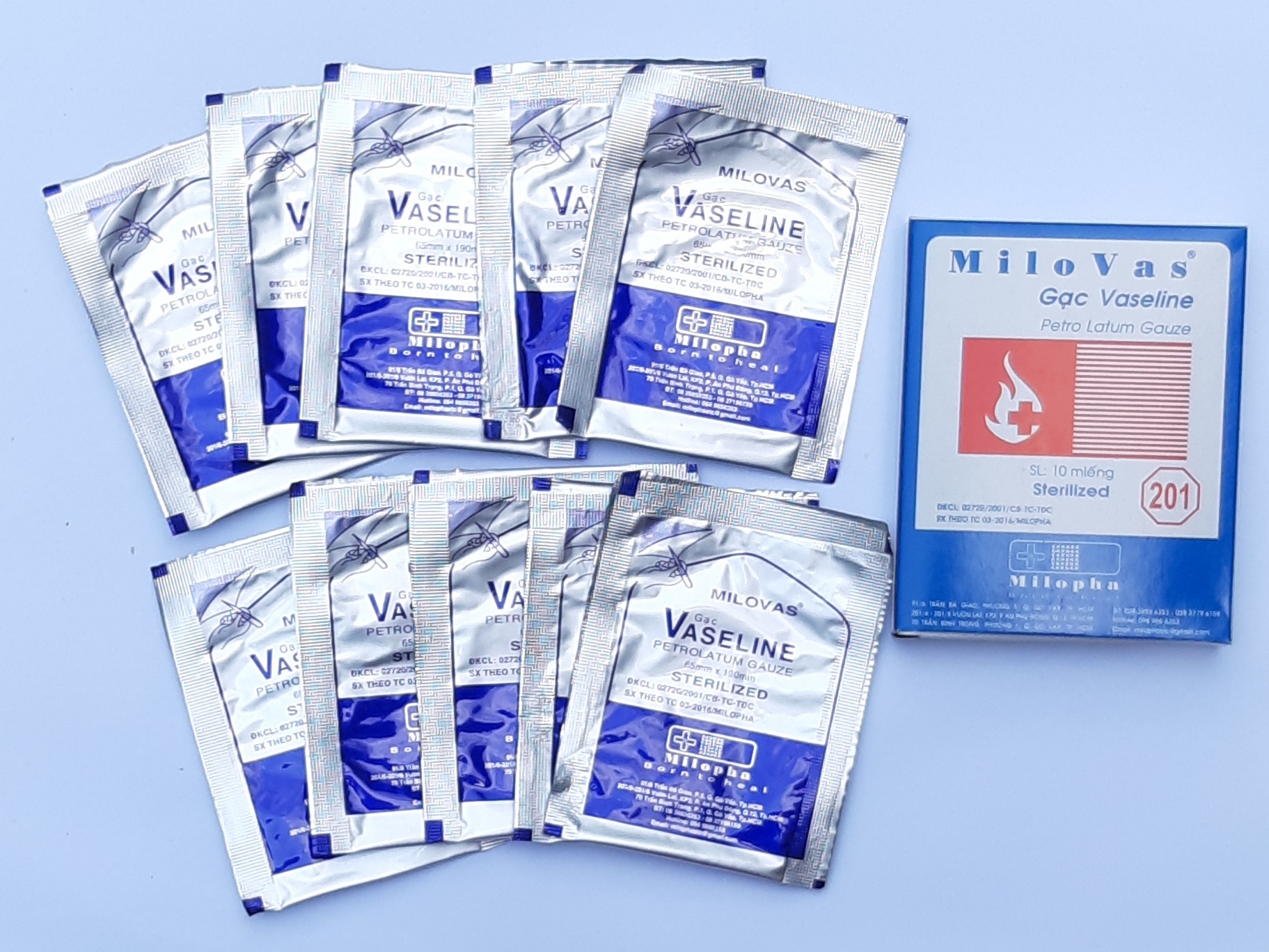 Hộp 10 túi gạc Vaseline Milovas 65mm x 190mm gạc băng bó vết thương, sát trùng, sát khuẩn Milopha