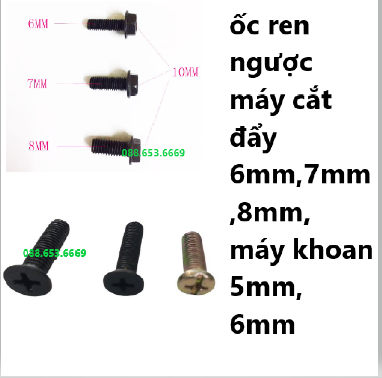 5 Ốc ren ngược máy cắt gạch 6mm, 7mm, 8mm và ốc ren ngược máy khoan 10 ly, 13ly đường kính 5mm, 6mm dài 2,5cm