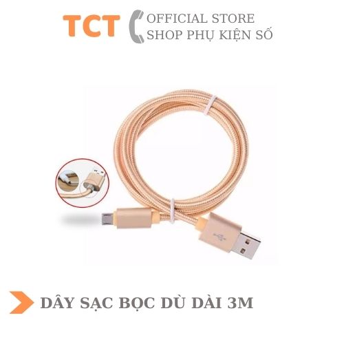 Cáp sạc bọc dù hỗ trợ sạc nhanh dài 3m đủ 3 loại chân sạc Iphone/Micro/Type