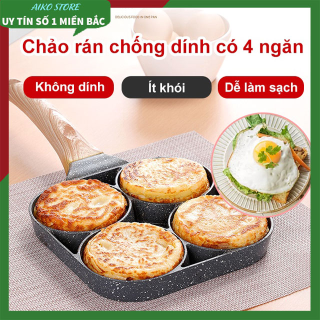 [ LOẠI TỐT ] Chảo Đá Chiên Trứng 4 Ngăn Chống Dính Cao Cấp, Tay Cầm Cán Gỗ Sang Trọng, Sử Dụng Mọi Loại Bếp, Chảo chống dính cao cấp