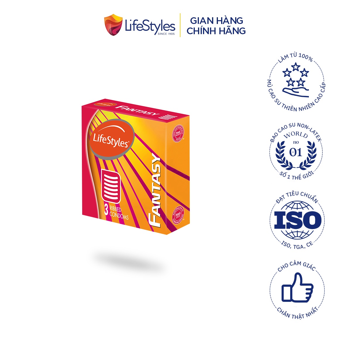 Hộp 3 Cái Bao cao su LifeStyles Fantasy có gân, bcs cho nam cao cấp ôm sát truyền nhiệt tốt size 52mm