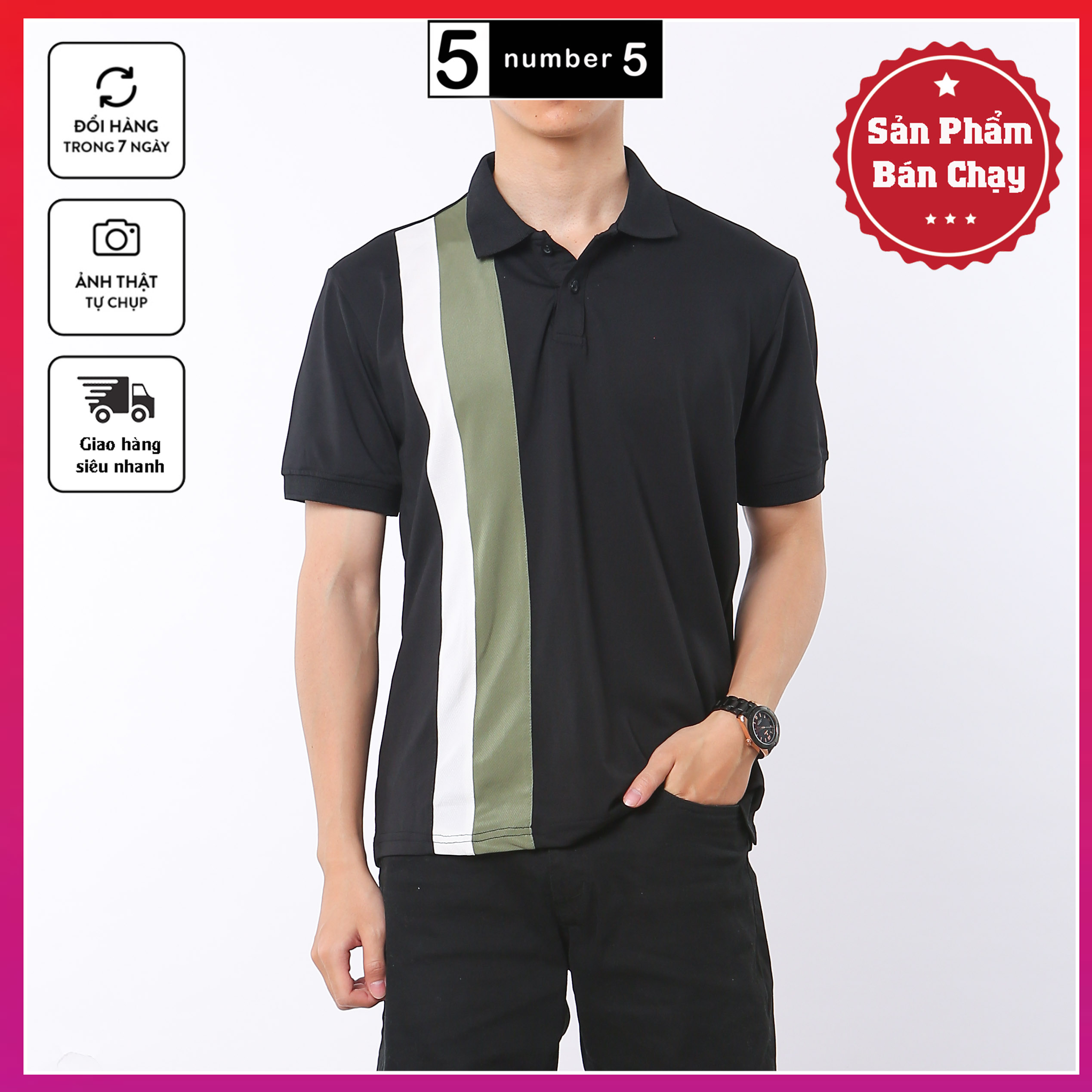 Áo polo nam cổ bẻ phối kẻ sọc phong cách thời trang
