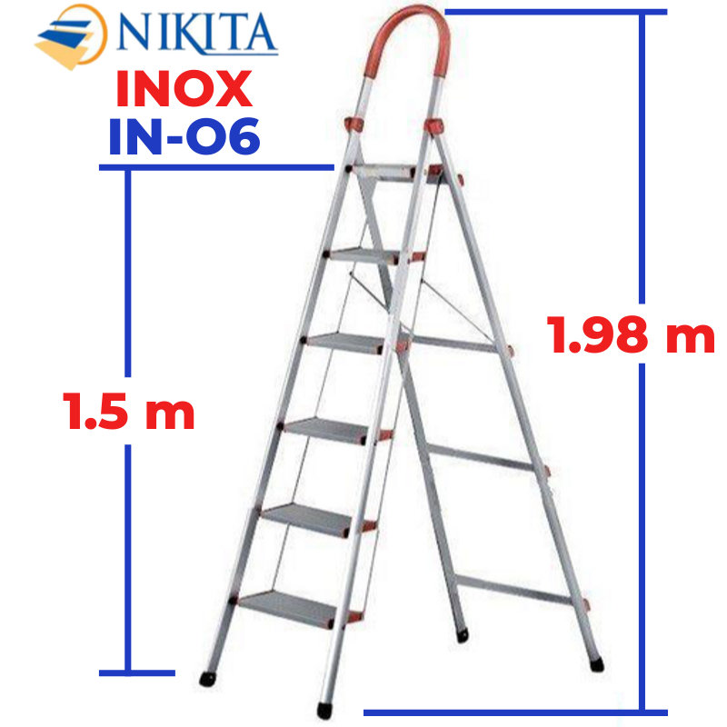 THANG INOX TAY VỊN 6 BẬC NIKITA KN-IN06 1,5m, Chiều cao bậc trên cùng: 1.5m Kích thước thu gọn: 2.0mx0.54mx0.06m Tiêu chuẩn: EN131 Số bậc: 6 bậc Trọng lượng thang: 7kg Tải trọng tối đa: 150kg Bảo hành: 24 tháng