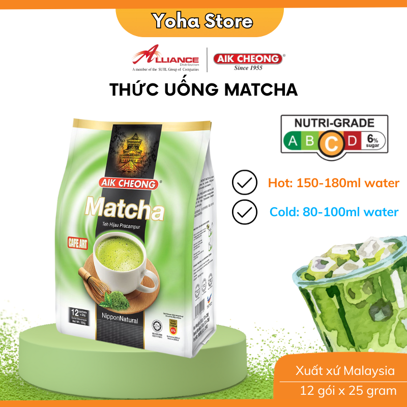 (Chính hãng)  Trà Sữa Vị Trà Xanh Aik Cheong Matcha Café Art (12 Gói x 25g) - nhập khẩu từ Malaysia