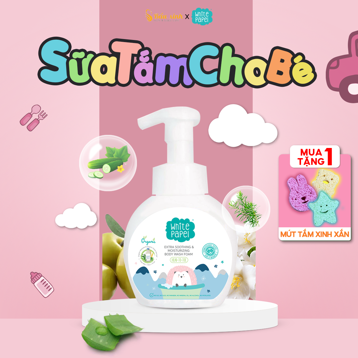 Sữa tắm dưỡng ẩm dịu nhẹ White Papel cho bé, an toàn cho da nhạy cảm