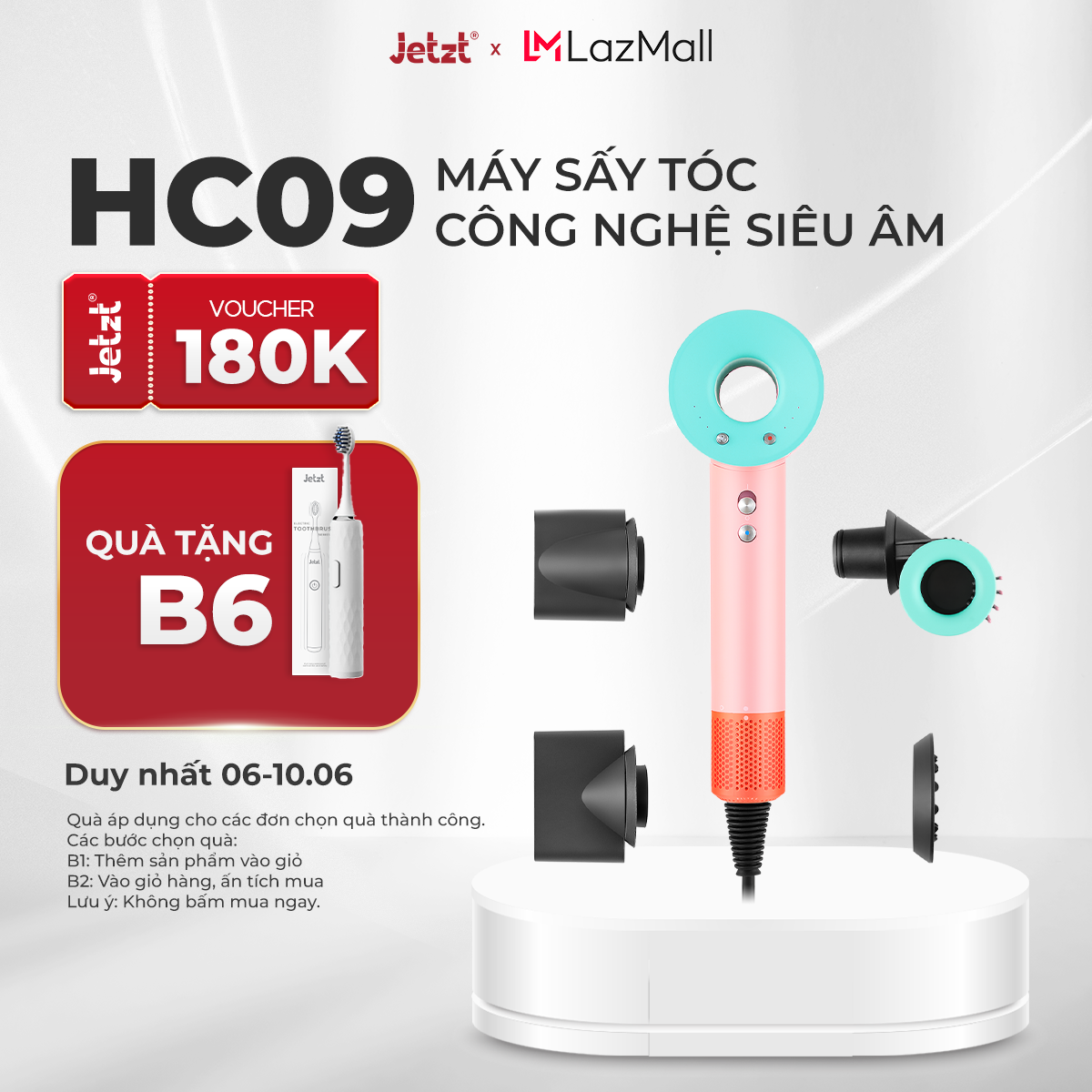 Máy sấy tóc Jetzt Care HC09 2 chiều nóng lạnh công nghệ ion sóng âm bảo vệ tóc bảo hành 1 năm