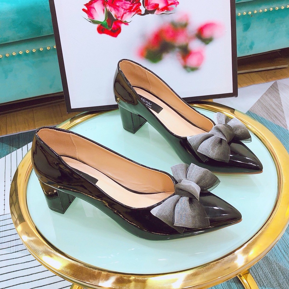 Giày Cao Gót Nữ Thời Trang Mũi Nhọn, Giày Búp Bê Nữ Gót Vuông Cao 5P Form Chuẩn Từ 35-40 Màu Đen