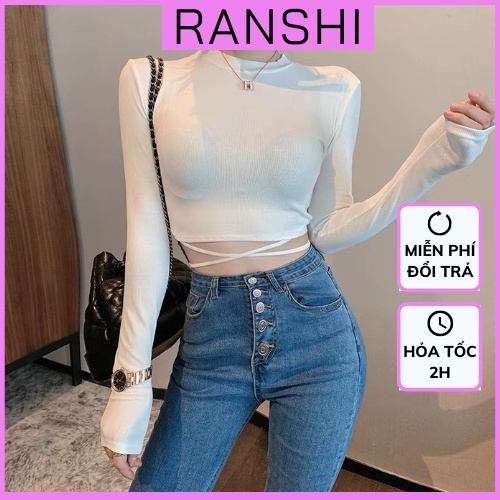 Áo croptop dài tay ranshi áo thun dài tay cột dây eo phong cách basic cá tính dễ phối đồ - ra095
