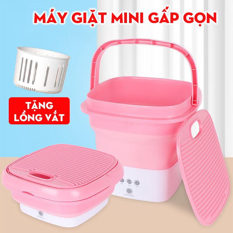 [TẶNG LỒNG VẮT] Máy giặt mini gấp gọn - 2 màu Xanh/ Hồng - Giặt sạch bụi bẩn đồ cá nhân, vắt khô, khử khuẩn bằng UV công nghệ Blue Ag