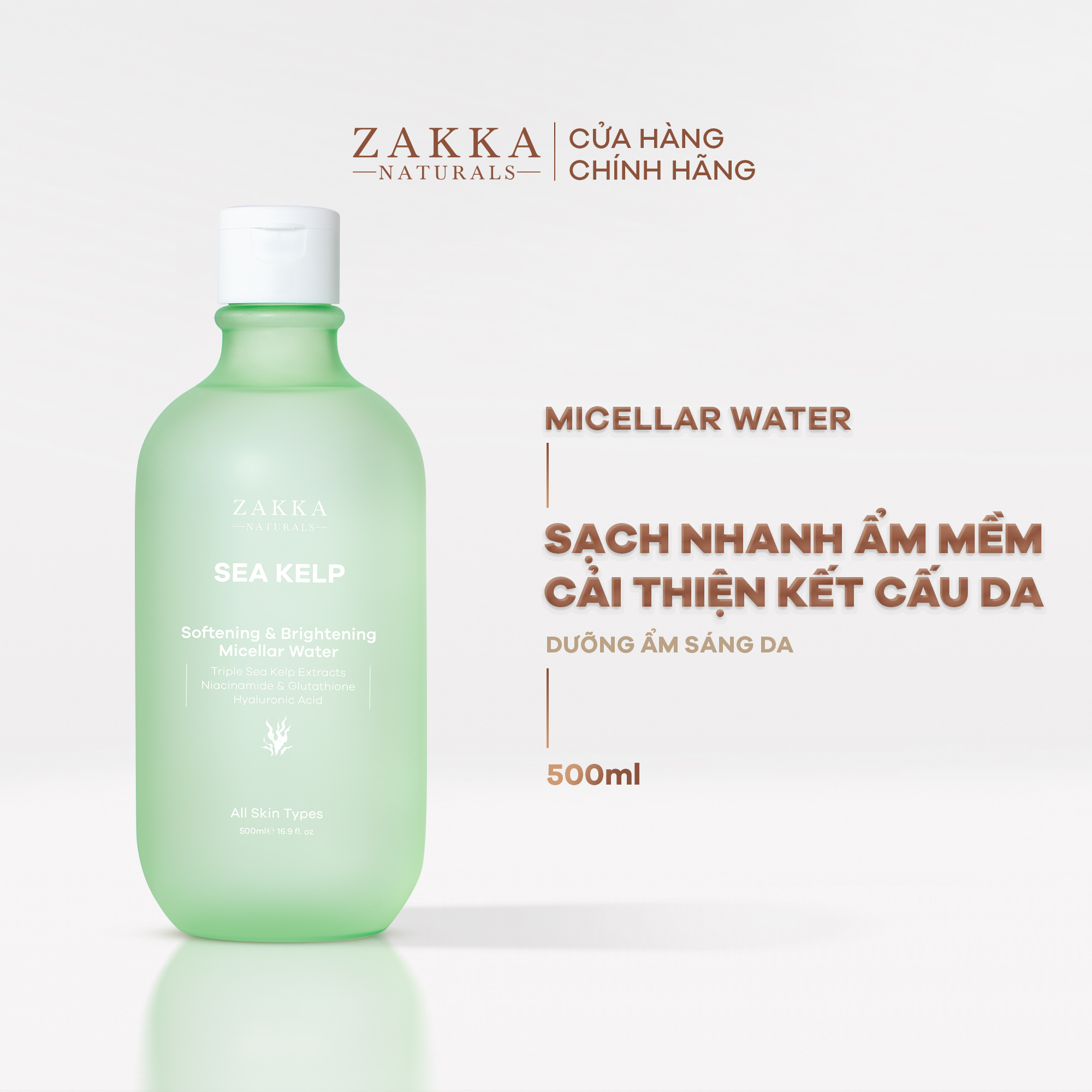 Nước Tẩy Trang Tảo Biển Zakka Naturals Sạch Mềm Mịn Và Hỗ Trợ Sáng Da 500ml