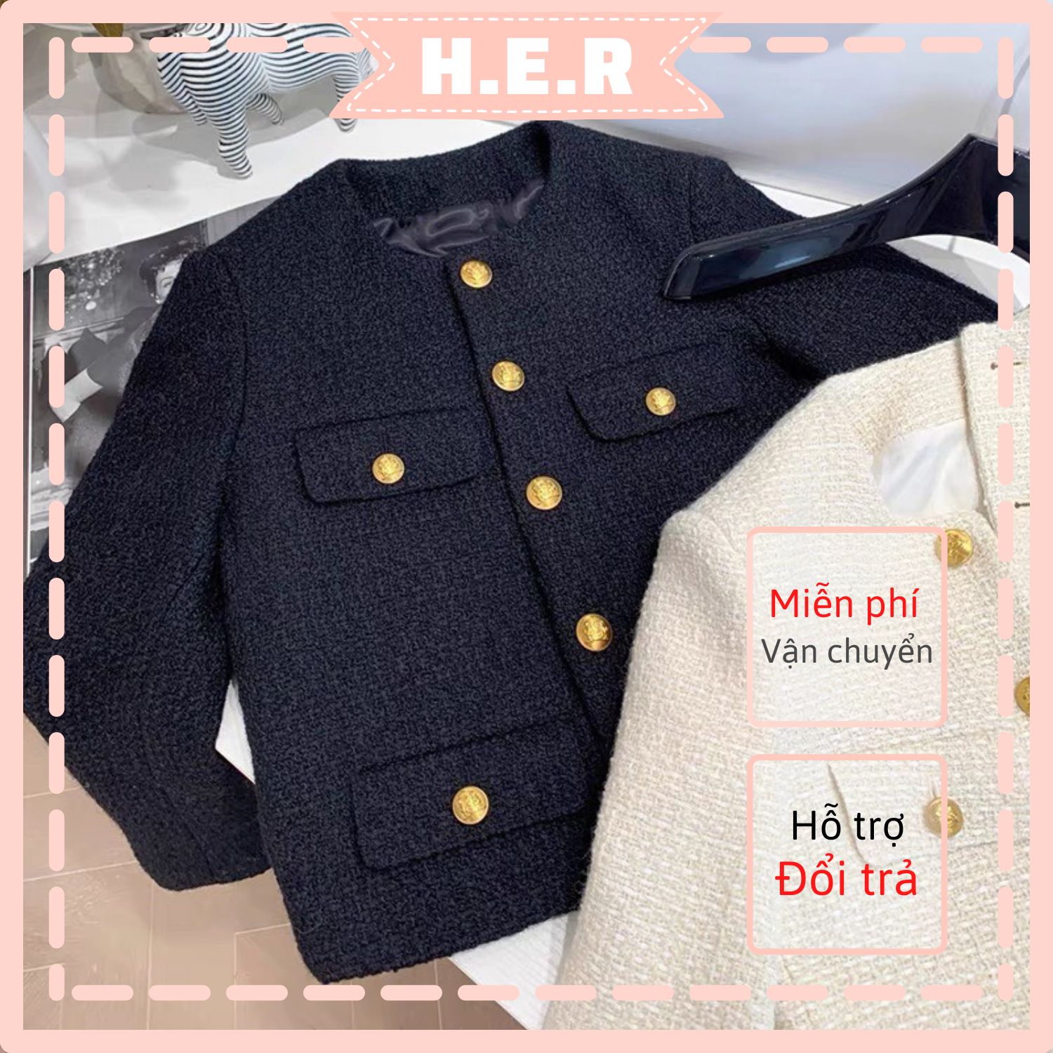 Áo Khoác Dạ Tweed Nữ siêu Sang chảnh Trắng, Đen, Tiêu