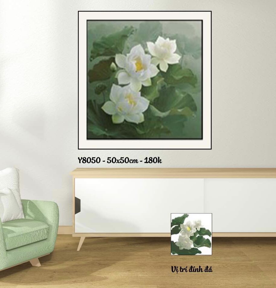 Tranh đính đá 5D Hoa sen trắng - kích thước: 50x50cm (tranh chưa đính đá)