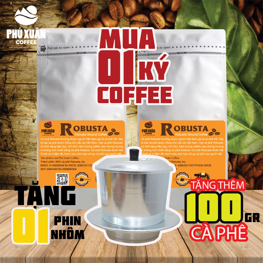 (KÈM 1 PHIN NHÔM) Combo 1 kg (2 gói) cà phê Robusta Buôn Ma Thuột Phú Xuân Coffee - Cafe bột rang xay pha phin