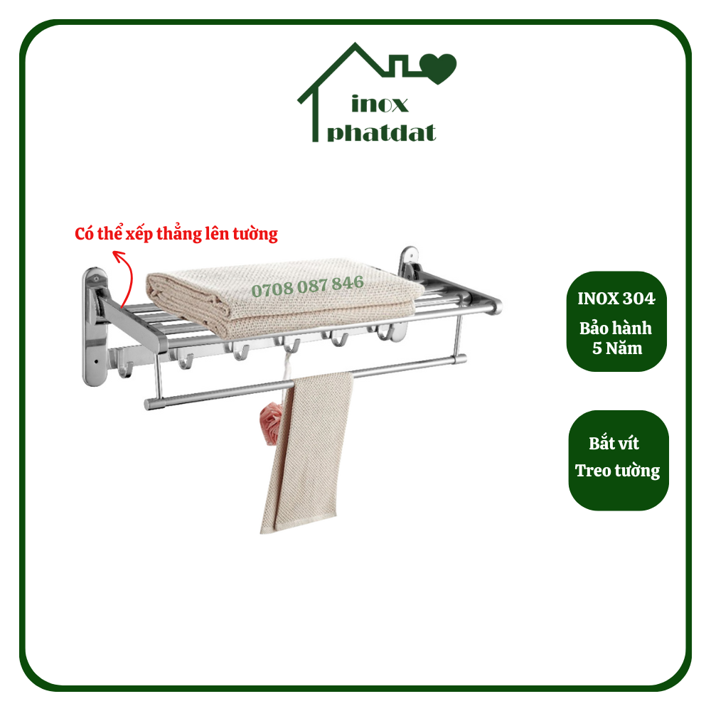 Máng khăn tầng đa năng Inox 304 PHÁT ĐẠT không rỉ sét, thanh treo khăn, giá móc khăn mặt nhà tắm, vắt khăn inox